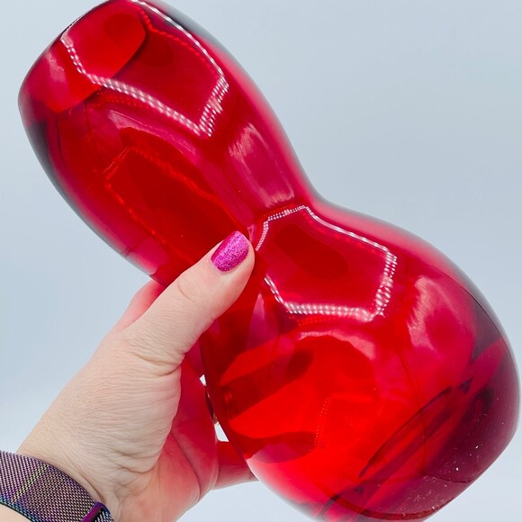 MCM Rudy Red Hand Blown Art Glass Gourd Hourglass Shaped Vase - Picture 2 of 12